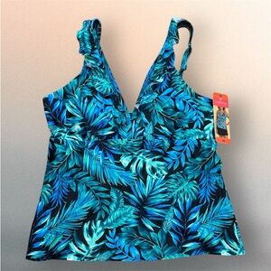 NWT Christina Teal & Blue Tropical V-Neck Swim Tankini Top sz 16